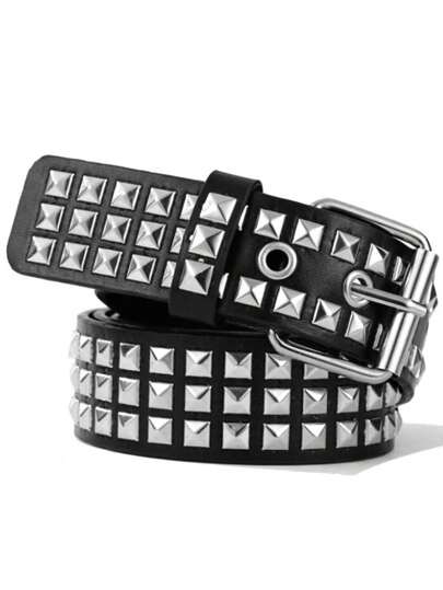 1pc Gothic Studded Buckle Belt, Square Bead Double Row Studs, Pyramid Punk Metal Belt, Suitable For Summer, Casual Campus, Business Occasions, Gift For Boyfriend, Husband, Father, Daily Wear, Fashion Versatile, Fit For Teenagers, Outdoor, Vacation, Sports, Travel, Street, Bohemian