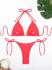 Triangle Bikini Set With Strappy Detail Summer - Coral Pink - View 3