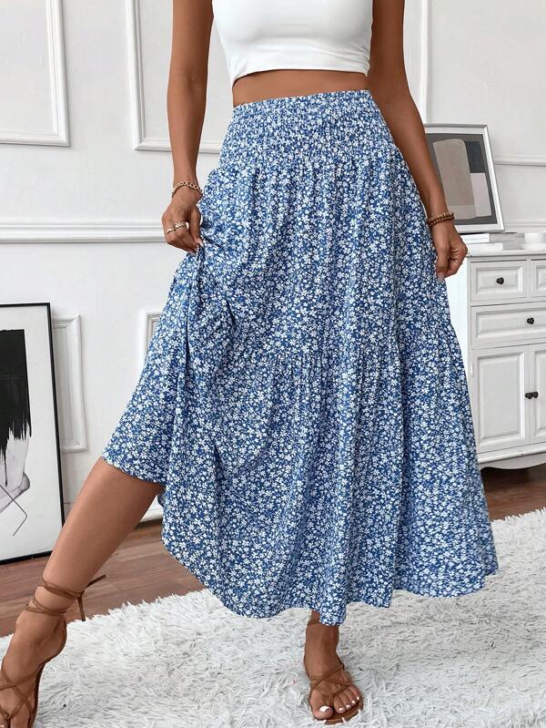 Women's Maxi Skirt Tiny Floral Casual Elastic Waist With Pockets Ruffled Hem Ladies Summer A-Line Long Skirts