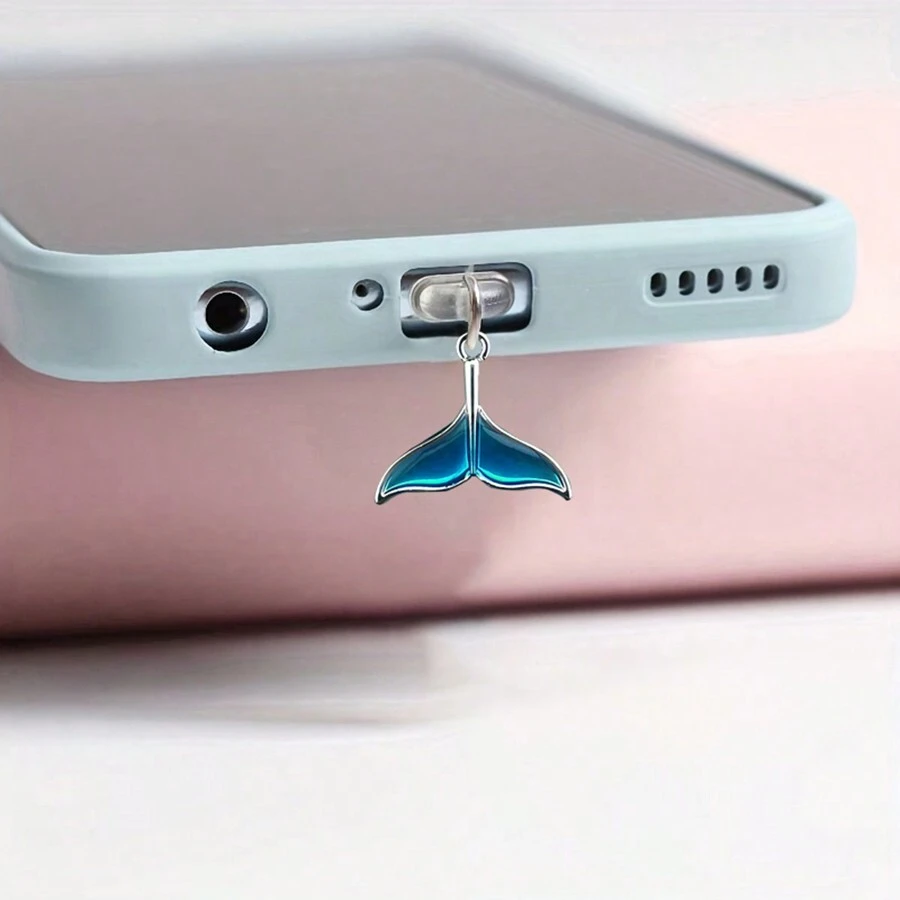 Stylish Blue Fish-Tail Shaped Alloy Anti-Dust Charging Port Plug Charm For Mobile Phone Dust Plug