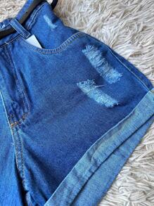 Ripped Mom Jeans Shorts With High Waist Belt Without Lycra - 深色水洗藍 - 查看 4