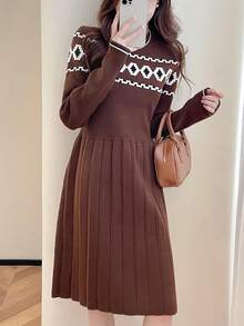 Women's Geometric Pattern Crew Neck Slim Knit Sweater Dress - Brown - View 1