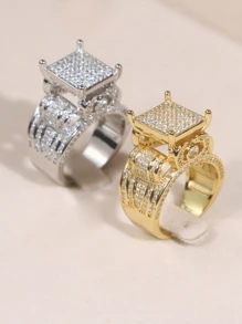 1 件优质铂金/14K 镀金闪亮 AAAA 方晶锆石奢华戒指，男女珠宝，婚礼 - 金色 - 查看 1