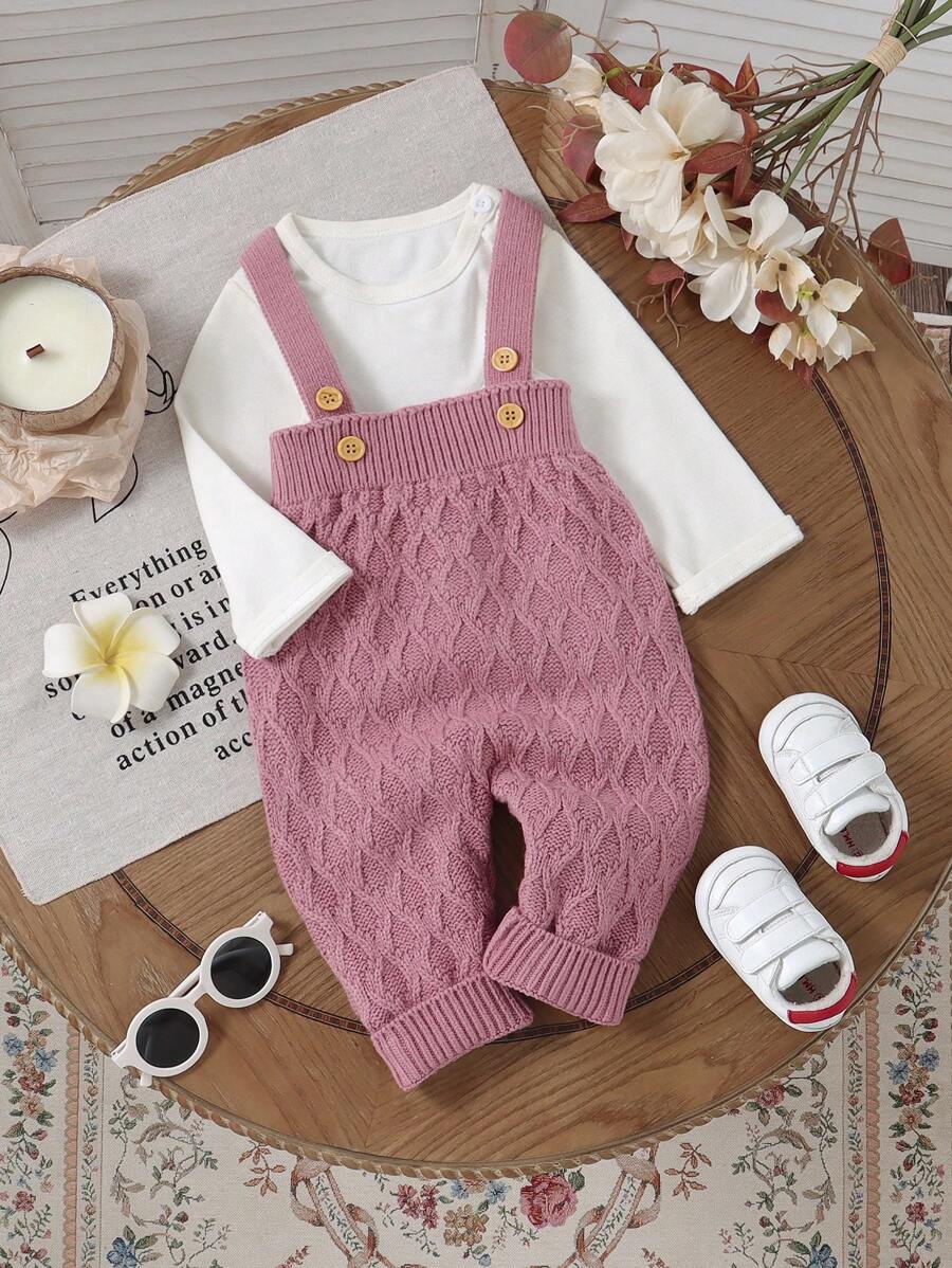 1pc Infant Long Strap Jumpsuit Baby Knitted Romper - Pink - View 1