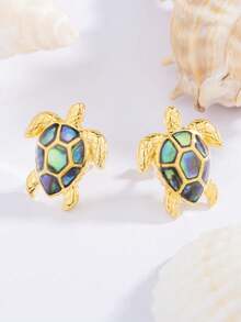 1 Cặp Bông Tai Hình Vỏ Bào Ngư & Rùa Biển Bằng Bạc Sterling 925, Bông Tai Thời Trang Unisex - Vàng - Xem 2