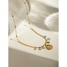 Uworld 1 件 18k 镀金轻奢设计不锈钢贝壳星星带水钻蓝色天体石吊坠项链 BOHO 脚链夏季手链套装女士高品质防水不褪色珠宝适合日常佩戴 - 金黃色 - 查看 11
