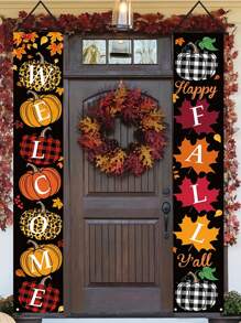 1 par de cartel de bienvenida de otoño para el porche, de poliéster, con estampado de calabaza y hoja de arce para colgar en la puerta principal, decoración de granja de temporada de cosecha y acción de gracias para el hogar, para interior y exterior