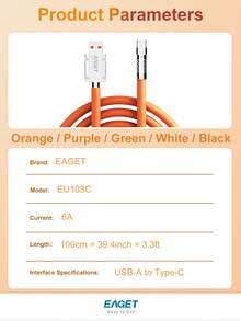 Eaget 120W Fast Charging Cable USB-A To Type-C Interface With Compatible With Samsung Galaxy S7 S6, Redmi, Note 6 5 Android Devices And More - Multicolor - View 11