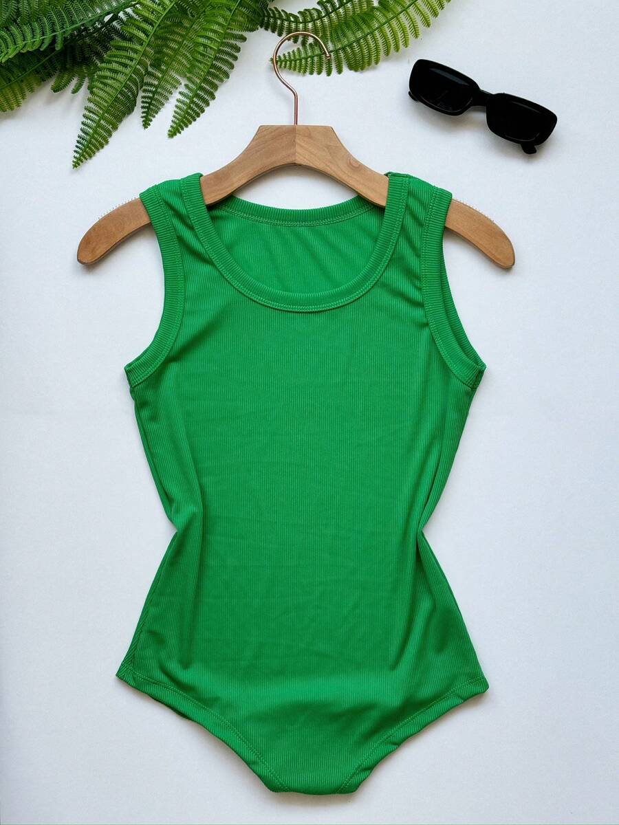 Thick Strap Smooth Ribbed Fabric Bodysuit With Premium Elastane - 綠色 - 查看 1