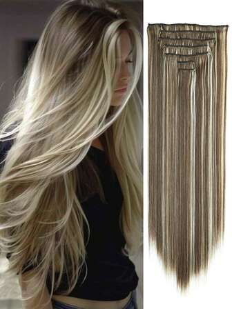 夹式接发 灰棕色混浅黄色长波浪假发片 22英寸接发片 夹式柔软合成假发片 女士专用（7片装）