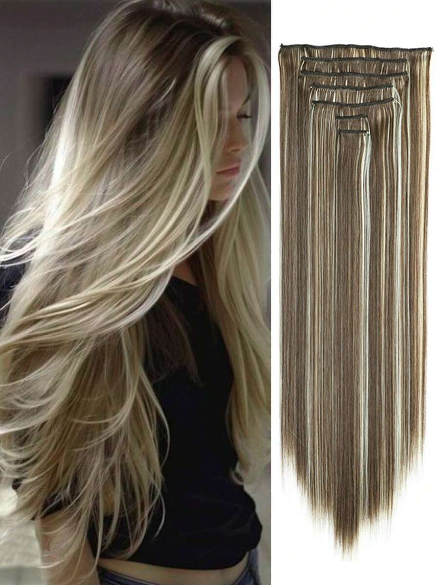 夹式接发 灰棕色混浅黄色长波浪假发片 22英寸接发片 夹式柔软合成假发片 女士专用（7片装） - 彩色 - 查看 1