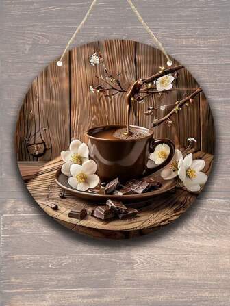 1pc Wooden Plaque Art Kit - 7.87 X 7.87 Inch Round Coffee Cup And Chocolate With Flower Wall Decor,Home Decor ,Room Decor,Wall Decor Gifts Birthday Graduation