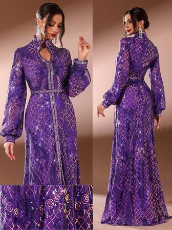 Women's Long Sleeve Modest Dress With V-Neckline, Sparkling Sequins And Arabian Robe Style (Non-Positioning Cut Flower)