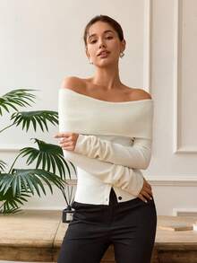 Suéter de punto con hombros descubiertos, unicolor, sexy y con abertura lateral para mujer - Blanco - Ver 3