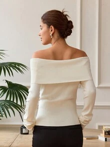 Suéter de punto con hombros descubiertos, unicolor, sexy y con abertura lateral para mujer - Blanco - Ver 2