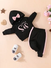 2 件套女婴休闲字母印花运动衫和运动裤套装，秋冬 - 黑色 - 查看 2