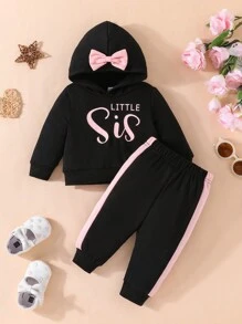 2 件套女婴休闲字母印花运动衫和运动裤套装，秋冬 - 黑色 - 查看 1