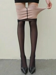 1条女士黑色透明紧身连裤袜，高弹薄款连裤袜