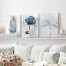 3 piezas/set Decoración de pared con amapolas, plumas azul y dorado, conjunto de decoración de galería moderna en índigo y azul marino, póster decorativo de pared, decoración de lienzo de pared, regalo ideal/set para pasillo, dormitorio, sala de estar