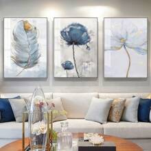 3 piezas/set Decoración de pared con amapolas, plumas azul y dorado, conjunto de decoración de galería moderna en índigo y azul marino, póster decorativo de pared, decoración de lienzo de pared, regalo ideal/set para pasillo, dormitorio, sala de estar