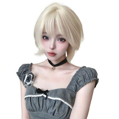 alicegarden 1 Mảnh Tóc Giả Tổng Hợp Chịu Nhiệt, Ngắn Thẳng, Đuôi Tóc Hơi Cong Có Mái Bằng Tóc Giả Vàng Trắng Có Mái, Dài 10 Inch, Làm Từ Sợi, Tóc Giả Thời Trang, Tóc Giả Tự Nhiên Và Chân Thực (Không Bao Gồm Phụ Kiện)