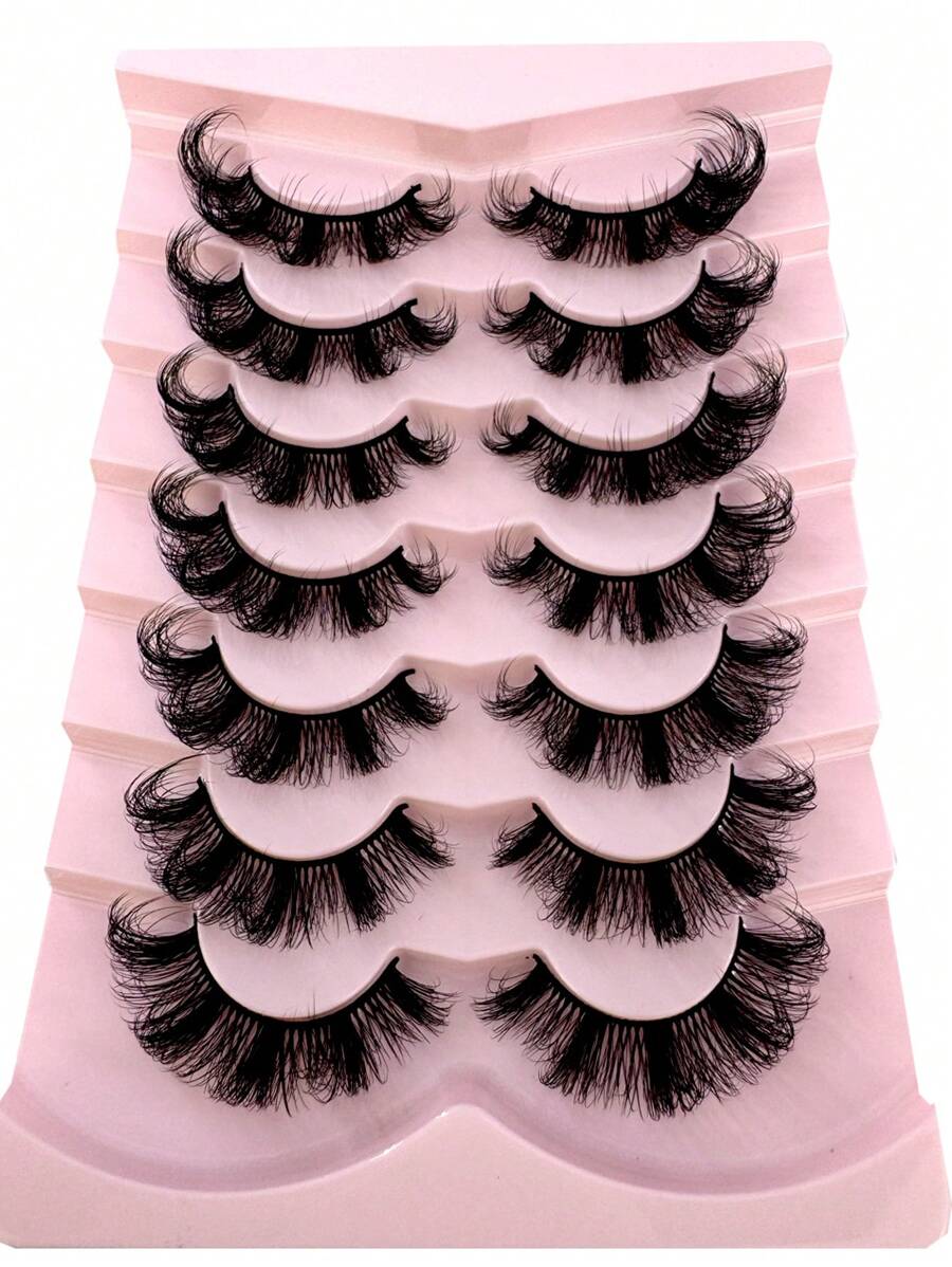 New 7 Pairs Russian Volume Classic Cat Eye Artificial Mink False Eyelashes, Natural DD Curl Fluffy Faux Eyelashes, Cross Wispy Dramatic Volume Faux Mink Lashes Extension For A Natural Look - 黑色 - 查看 1