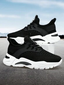 Zapatillas deportivas de moda para hombre de color sólido, ligeras y transpirables de malla de tela, talón suave y cómodo para proporcionar estabilidad, diseño de suela elástica antideslizante de alta amortiguación para una mejor protección de los pies, adecuadas para caminar, deportes al aire libre, correr, hacer ejercicio, fitness, fiesta, fiesta, uso diario. - Blanco y Negro - Ver 1