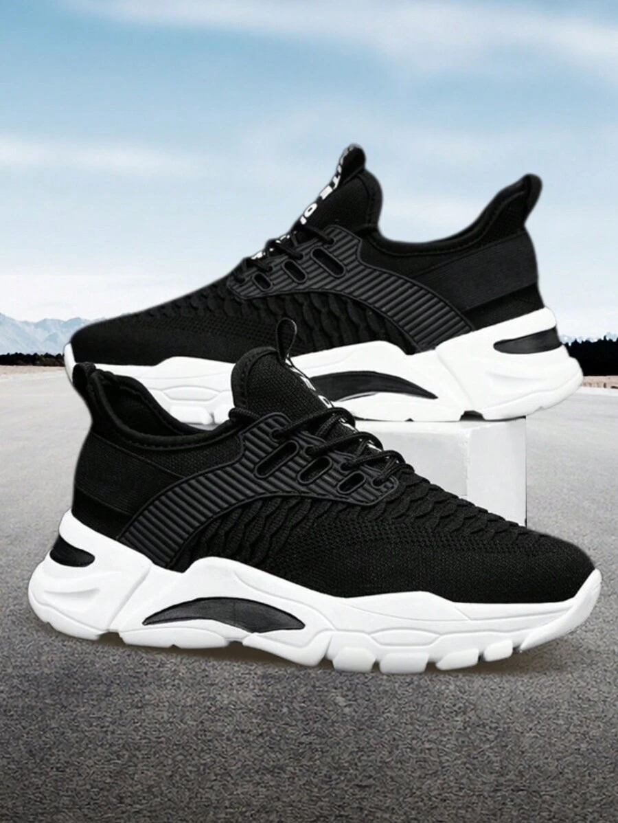 Zapatillas deportivas de moda para hombre de color sólido, ligeras y transpirables de malla de tela, talón suave y cómodo para proporcionar estabilidad, diseño de suela elástica antideslizante de alta amortiguación para una mejor protección de los pies, adecuadas para caminar, deportes al aire libre, correr, hacer ejercicio, fitness, fiesta, fiesta, uso diario. - Blanco y Negro - Ver 1