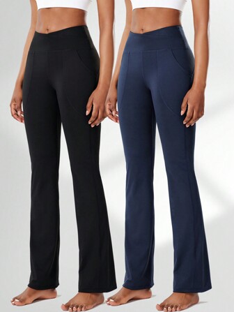 2 件高腰瑜伽裤女式口袋侧交叉腰收腹修身速干健身紧身裤喇叭腿喇叭裤运动