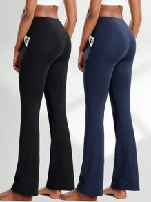 2pcs High Waist Yoga Pants Women Pocket Side Crossover Waist Tummy Control Slim Fit Quick Dry Workout Leggings Flare Leg Bootcut Trousers, Sports - Black - View 2
