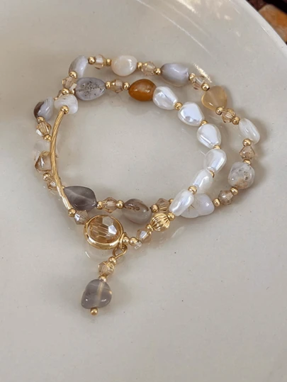 1 Pc Layered Natural Beaded Bracelet With Faux Pearl, Multicolor Couple Accessories, Delicate Vintage Luxurious Design