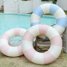 1pc Inflatable Striped Blue And Pink PVC Unisex Floating Pool Water Inflatable Ring
