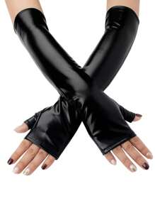 1 Pair Women's Halloween Faux Leather Sexy Fingerless Long Gloves, Punk Costume Party Formal Gloves
