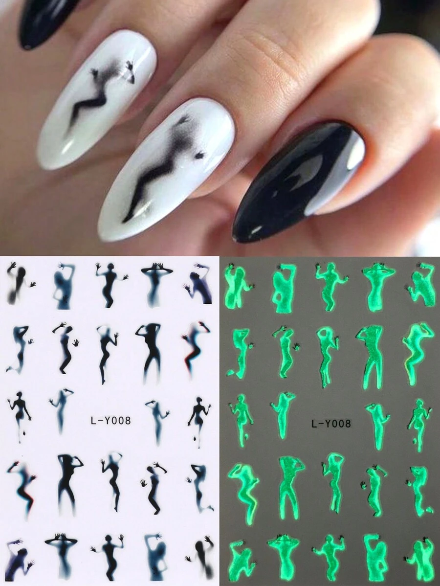 3D 剪影指甲贴纸 2/4 件 夜光绽放墨水性感舞动 DIY 滑块指甲贴装饰 - 黑色 - 查看 1