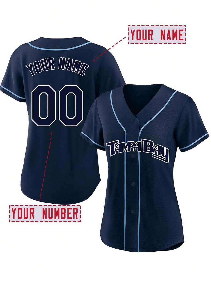 Customized Name And Number DIY Women's Embroidery Baseball Jersey Tampa Bay Blue V-Neck Personalized Short Sleeve Button Down Shirts Party Games Training Competition Sports Tops S-Xxl DIY - Blue - View 1