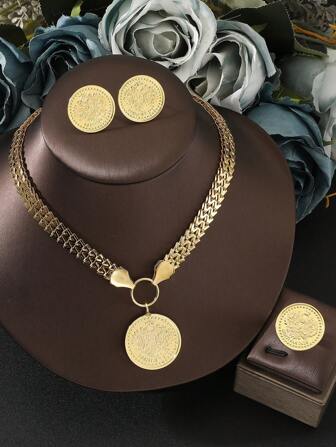 4 st/set arabiskt hett säljande guldmynt glansigt hänge halsband örhängen ring smyckeset rostfritt stål lämplig för brudtärna bankett fest tillbehör som en alla hjärtans dag-present till fru