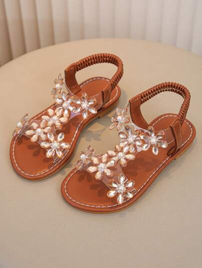 1 Pair Girls Summer Sandals New Rhinestones Butterfly Design Flat Transparent Buckle Princess Beach Shoes