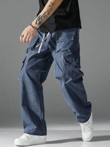 Men's Washed Multi-Pocket Cargo Cargo Pants - Blue - View 1