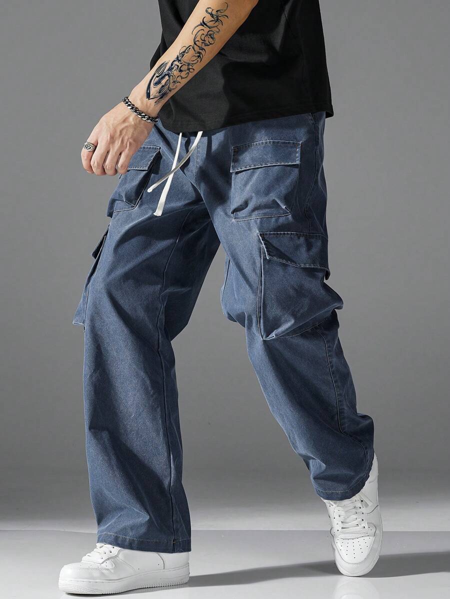 Men's Washed Multi-Pocket Cargo Cargo Pants - Blue - View 1