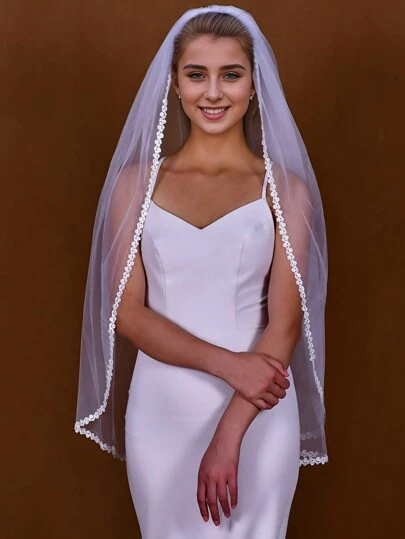 1pc Short Single Tier White Bridal Veil, Elegant Lace & Flower Wedding Veil With Comb For Brides, 1m Long Fall Clothes For Women Valentine's Day Accessories