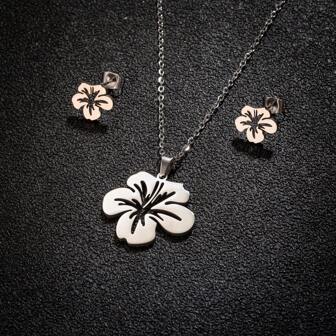 1 pieza Conjunto de aretes y collar de flor pequeña y linda de acero inoxidable estilo coreano para mujer, declaración dulce con flores de metal pintadas a spray para fiesta, cumpleaños, San Valentín