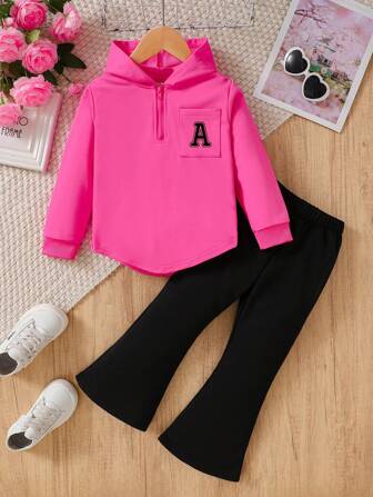 2pcs Young Girl Letter Printed Hooded Sweatshirt And Flared Pants Set, Spring Autumn 2024 New Fashionable Design