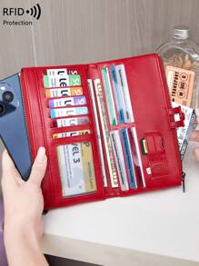 CHARM INFINITE RFID Blocking Bifold Large Capacity Women's Wallet Retro Zipper Soft Leather With Multiple Card Slots & ID Window For CreditCard/ID Card/ / Cash/Cell Phone QuiltedDetail Card Holder Clutch Bag For Lady BusinessCasual For Women Wallet Purse Wallet Long Wallet - Red - View 2