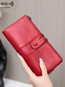 CHARM INFINITE RFID Blocking Bifold Large Capacity Women's Wallet Retro Zipper Soft Leather With Multiple Card Slots & ID Window For CreditCard/ID Card/ / Cash/Cell Phone QuiltedDetail Card Holder Clutch Bag For Lady BusinessCasual For Women Wallet Purse Wallet Long Wallet - Red - View 3