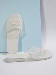 2025 Collection Women Handmade Embroidered 3-Flower Sequins Beaded Mesh Fabric Slip-On Mule Slipper