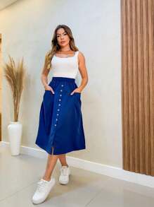 Tailored Midi Skirt With Bags And Buttons Moda Faminina - 寶藍色 - 查看 1