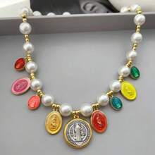 1 pieza Nuevo diseño de collar de perlas de concha, abalorios de colores, joyería de moda - Dorado - Ver 2