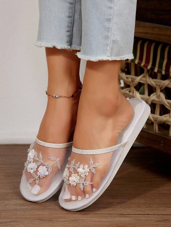2025 Collection Women Handmade Embroidered 3-Flower Sequins Beaded Mesh Fabric Slip-On Mule Slipper
