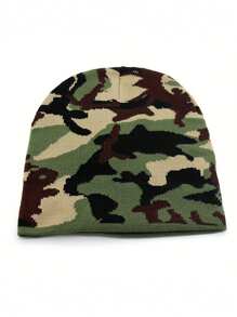 Camo Knit Beanie Hat, Outdoor Casual Travel Windproof Warm Cap Fall Outfit - A - View 11