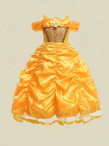 Yellow Satin Spaghetti Strap Princess Dress For Birthday Party, Flower Girl Dress For Wedding, Suitable For Celebration Events (V-Neck Sequin, Not Including Headband)